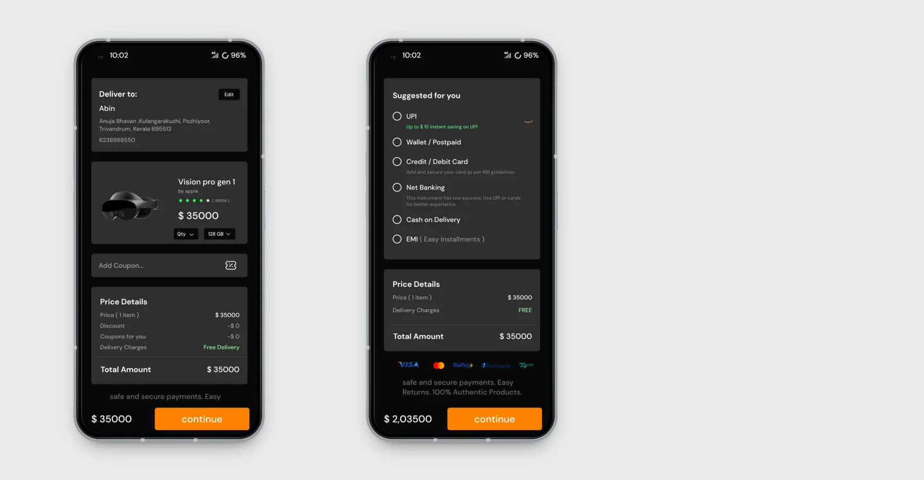 AR/VR buying app checkout screens: order summary with price details and payment method selection